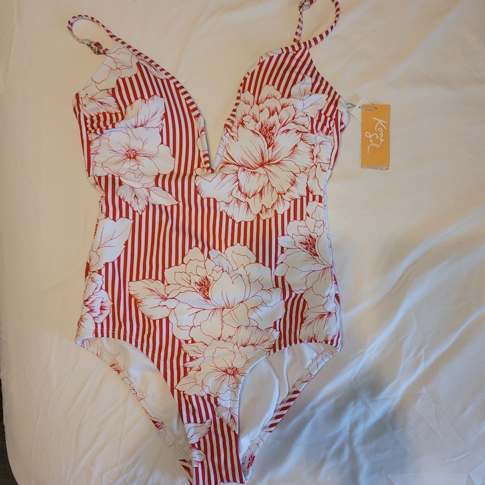Red/white Stripes and Floral One Piece Swimsuit - Picture 3 of 4